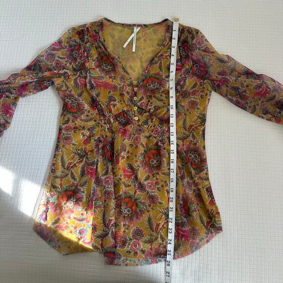 Anthropologie Gretchen Smocked Tunic Top Boho Mustard Floral Mesh Fabric US XS - Picture 7 of 9